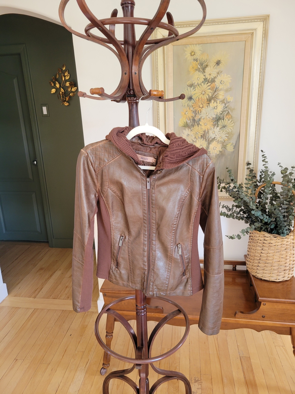 Brown Faux Leather Moto Jacket Removable Knit Hood S/M